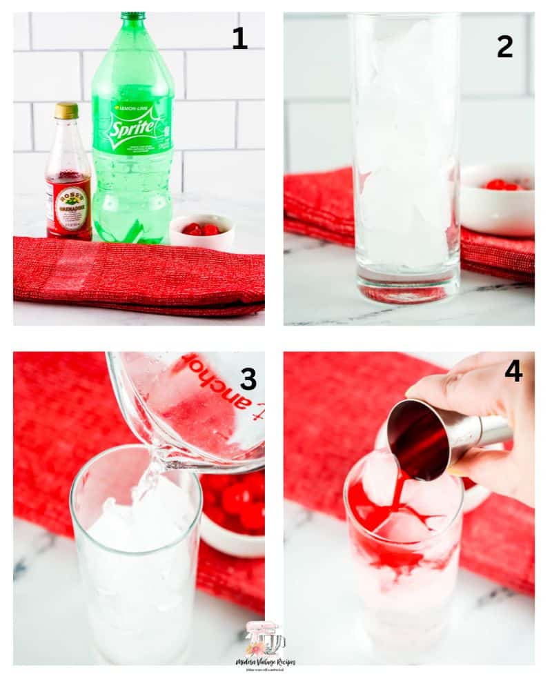 Steps for making a Shirley Temple mocktail