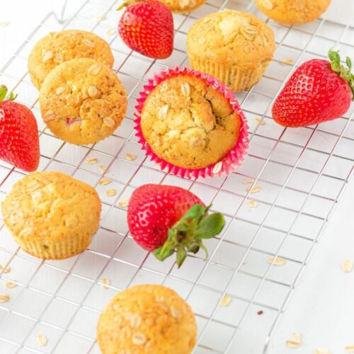 Strawberry Oatmeal Muffins on a wire rack